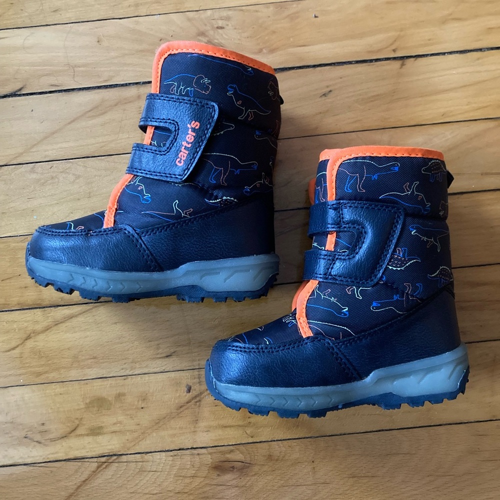 Baby size 6 carters Dino light up snow boots blue orange Velcro